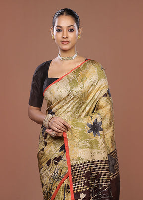Green Handloom Tussar Pure Silk Saree With Blouse Piece