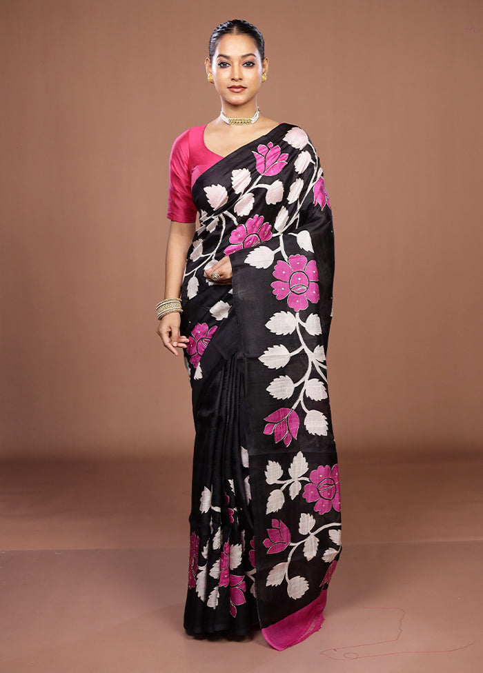 Black Handloom Tussar Pure Silk Saree With Blouse Piece