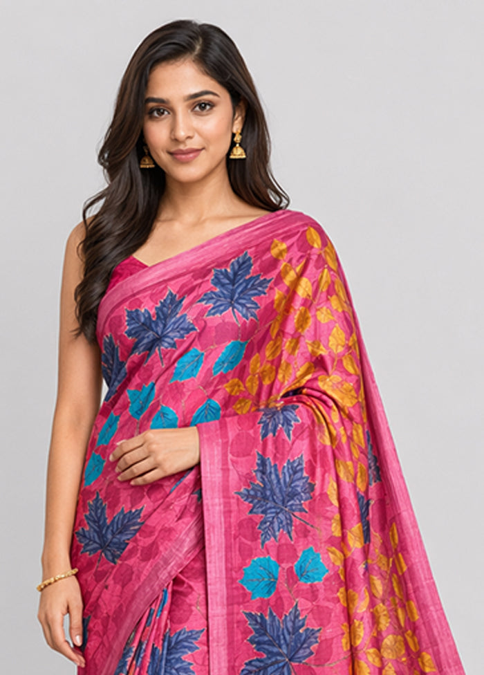 Pink Handloom Tussar Pure Silk Saree With Blouse Piece