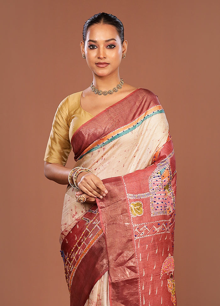 Maroon Handloom Tussar Pure Silk Saree With Blouse Piece