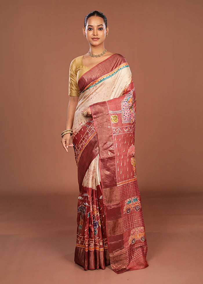 Maroon Handloom Tussar Pure Silk Saree With Blouse Piece