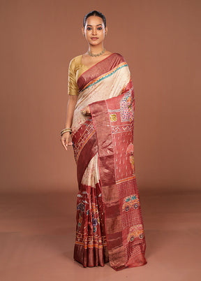Maroon Handloom Tussar Pure Silk Saree With Blouse Piece