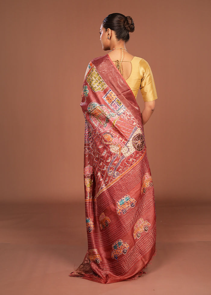 Maroon Handloom Tussar Pure Silk Saree With Blouse Piece