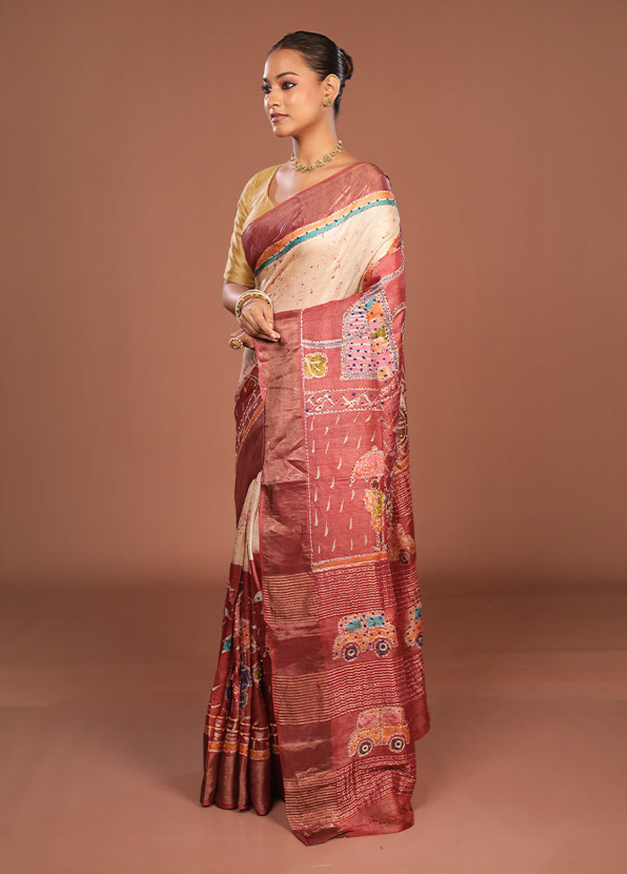 Maroon Handloom Tussar Pure Silk Saree With Blouse Piece