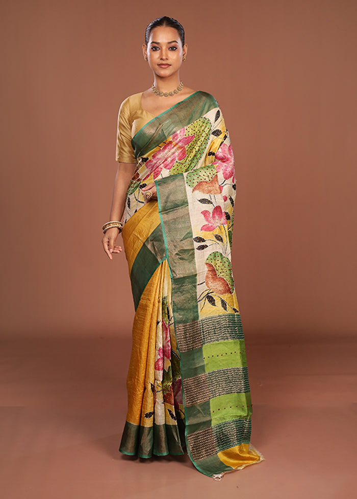 Green Handloom Tussar Pure Silk Saree With Blouse Piece
