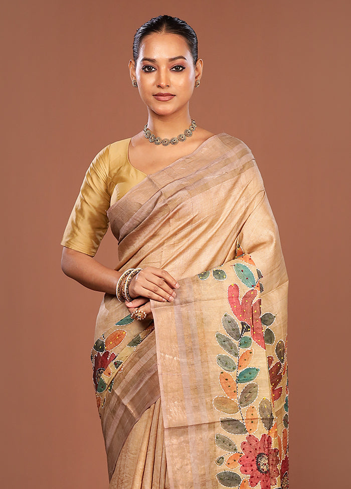Cream Handloom Tussar Pure Silk Saree With Blouse Piece