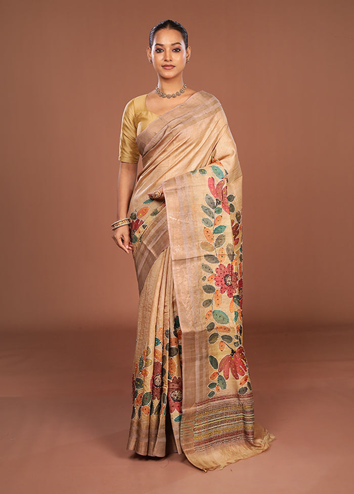 Cream Handloom Tussar Pure Silk Saree With Blouse Piece