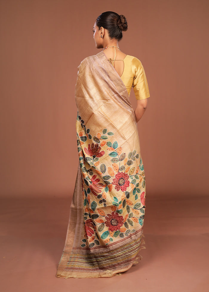 Cream Handloom Tussar Pure Silk Saree With Blouse Piece