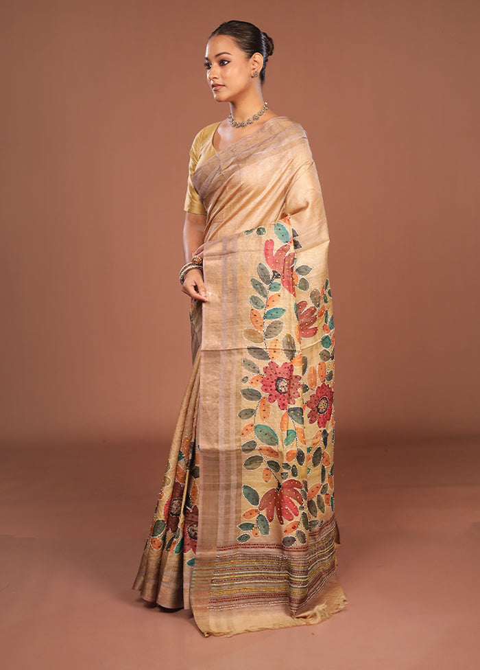Cream Handloom Tussar Pure Silk Saree With Blouse Piece
