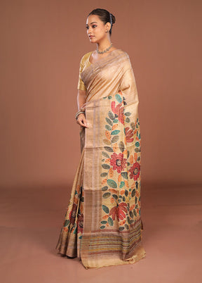 Cream Handloom Tussar Pure Silk Saree With Blouse Piece