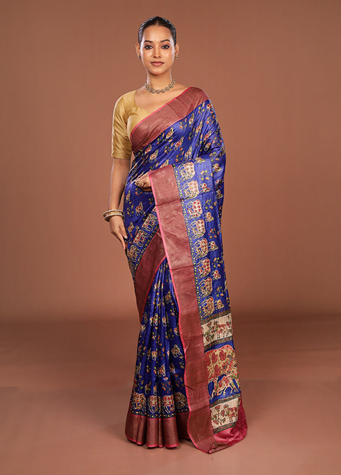 Blue Handloom Tussar Pure Silk Saree With Blouse Piece