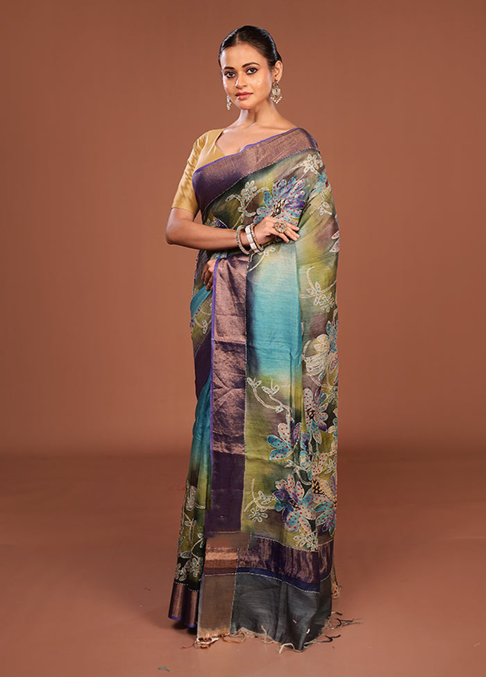 Multicolor Handloom Tussar Pure Silk Saree With Blouse Piece