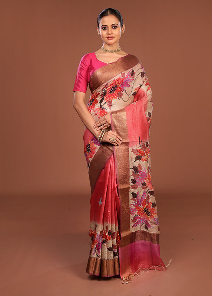 Multicolor Handloom Tussar Pure Silk Saree With Blouse Piece