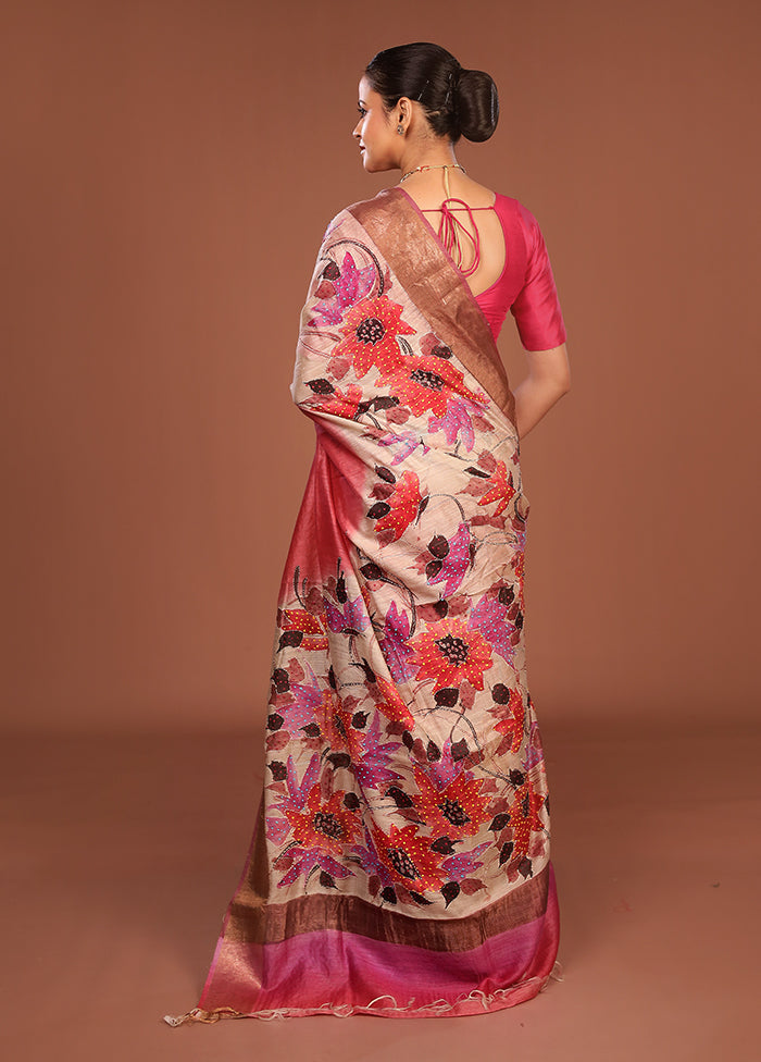 Multicolor Handloom Tussar Pure Silk Saree With Blouse Piece