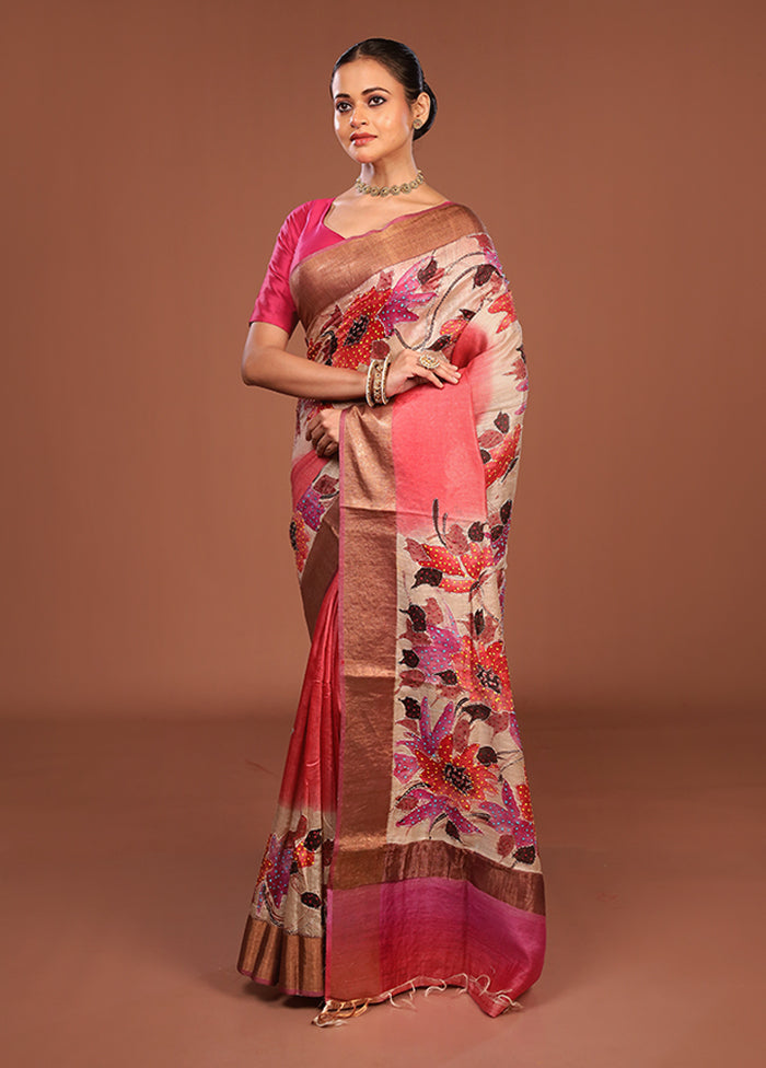 Multicolor Handloom Tussar Pure Silk Saree With Blouse Piece