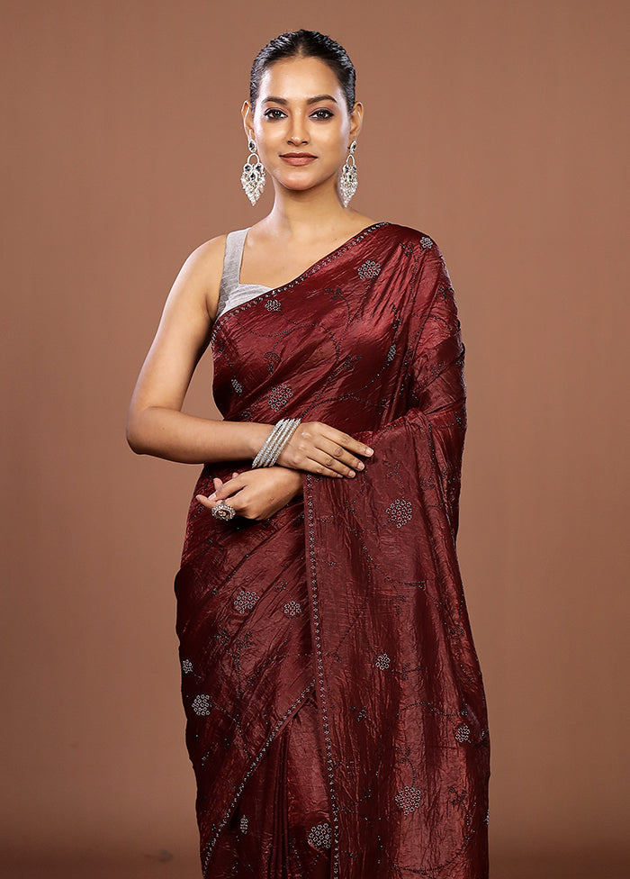 Maroon Tissue Silk Saree With Blouse Piece