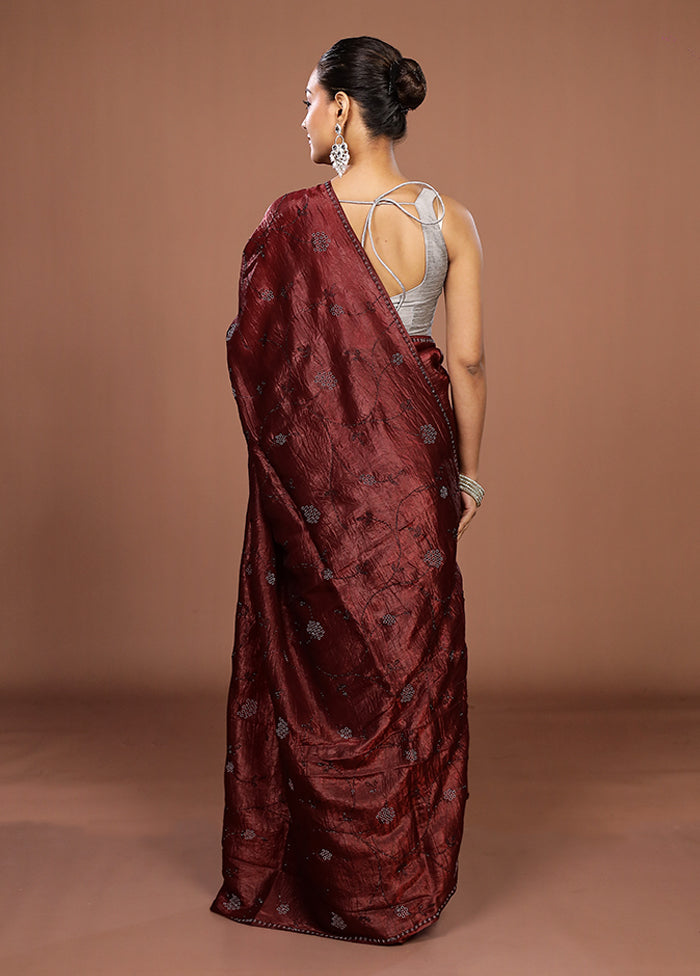Maroon Tissue Silk Saree With Blouse Piece