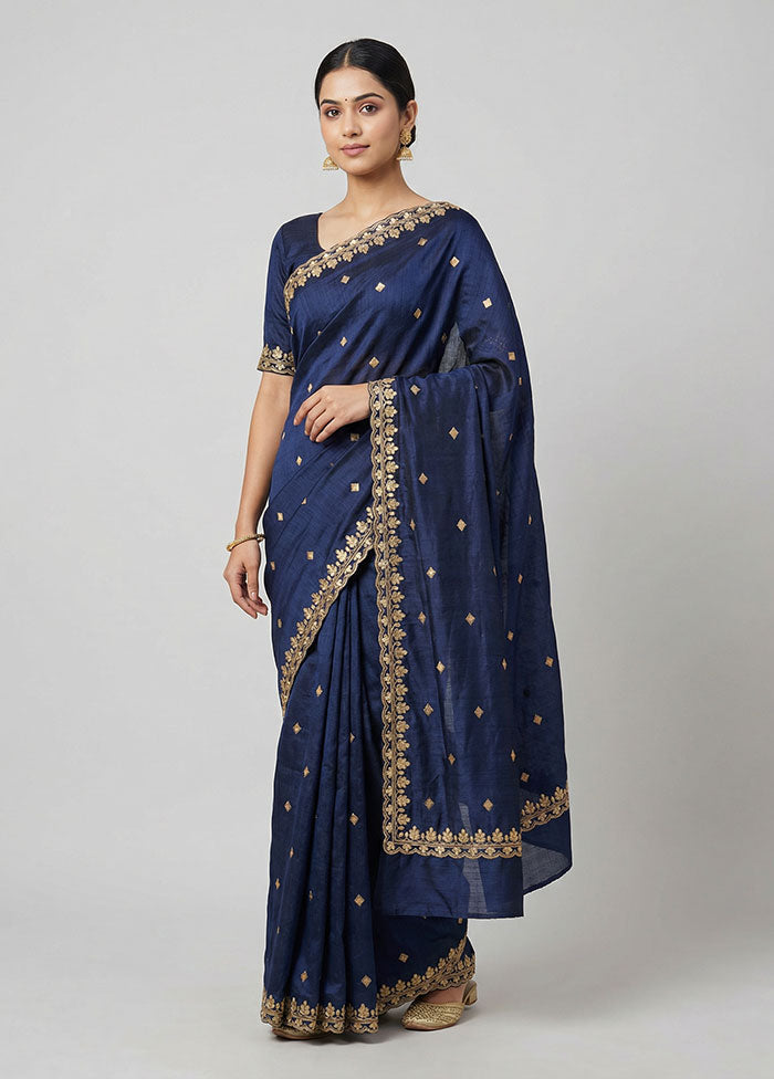 Blue Dupion Silk Saree With Blouse Piece