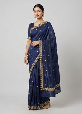 Blue Dupion Silk Saree With Blouse Piece