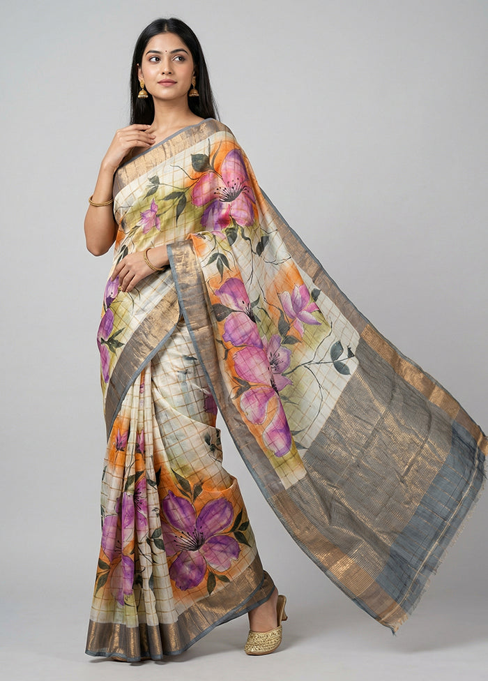 Cream Handloom Tussar Pure Silk Saree With Blouse Piece