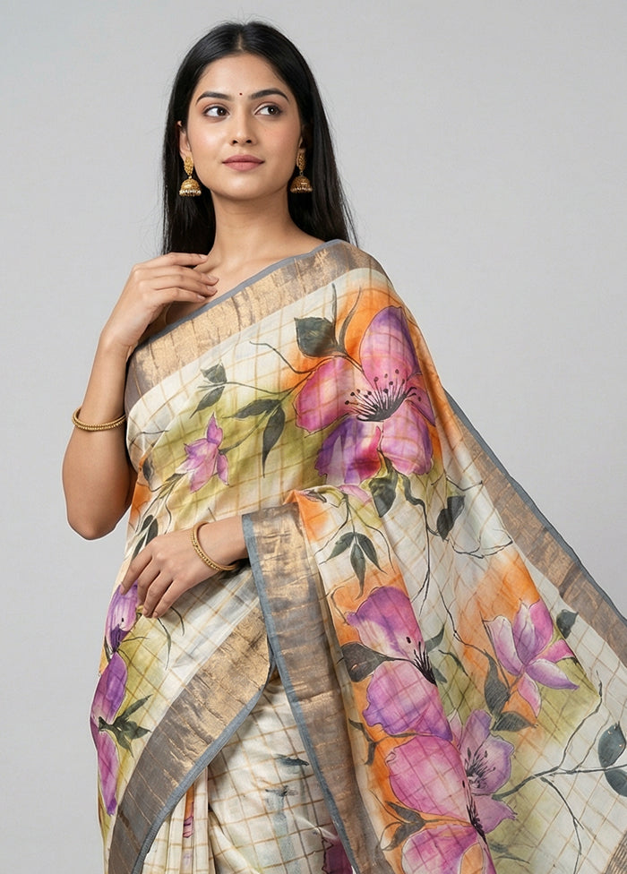 Cream Handloom Tussar Pure Silk Saree With Blouse Piece