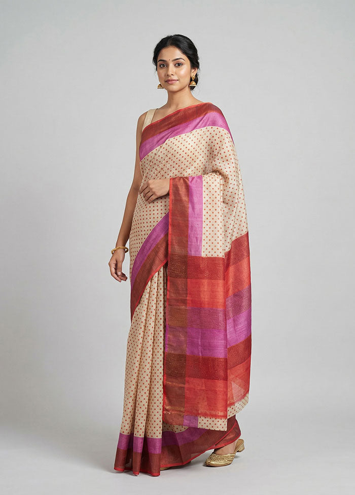 Cream Tussar Silk Saree With Blouse Piece
