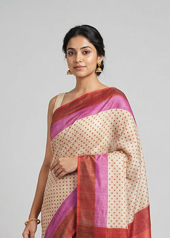 Cream Tussar Silk Saree With Blouse Piece