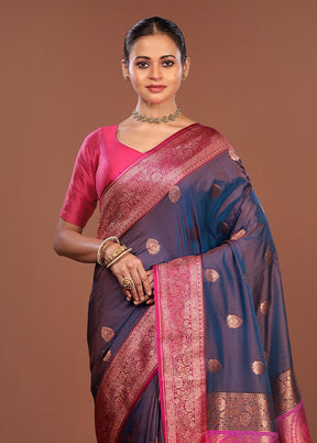 Blue Katan Silk Saree With Blouse Piece