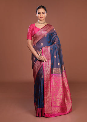 Blue Katan Silk Saree With Blouse Piece
