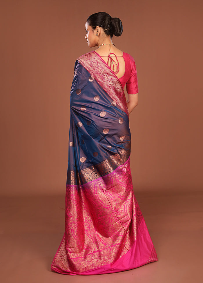 Blue Katan Silk Saree With Blouse Piece