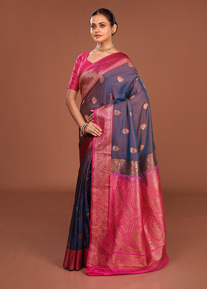 Blue Katan Silk Saree With Blouse Piece