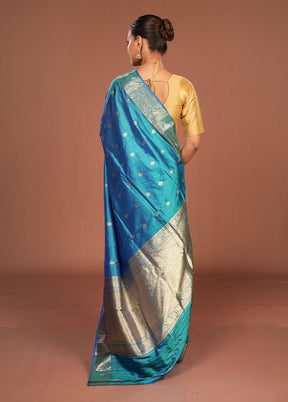 Blue Handloom Katan Pure Silk Saree With Blouse Piece