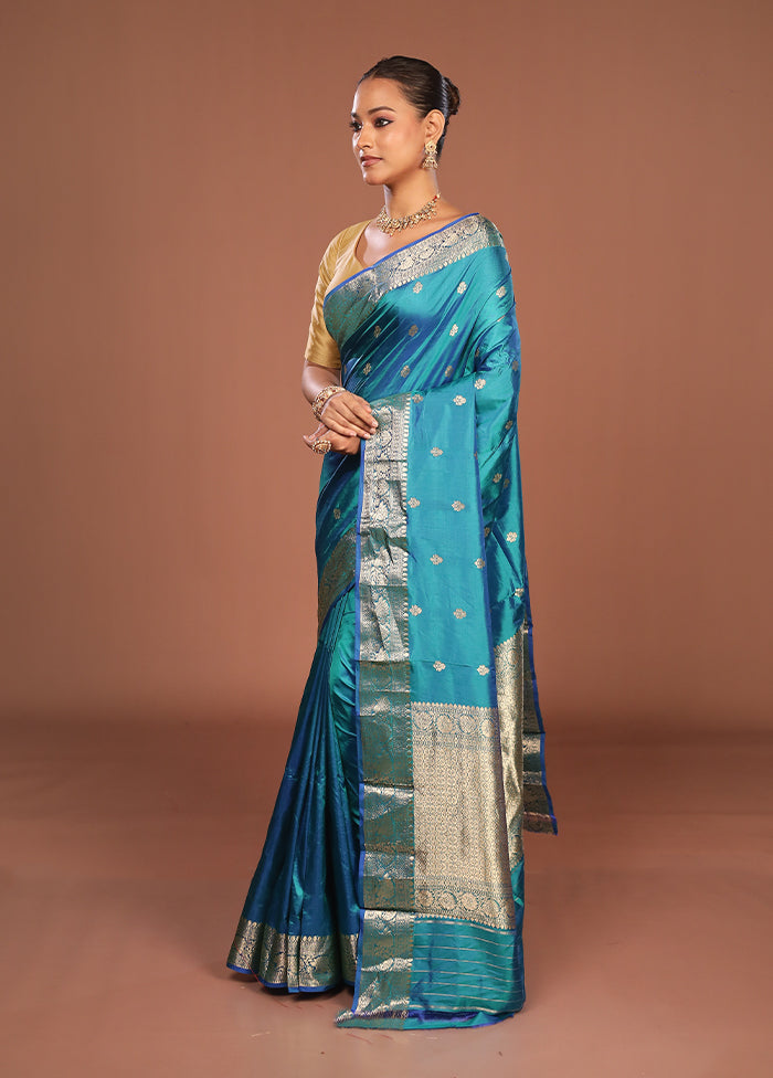 Blue Handloom Katan Pure Silk Saree With Blouse Piece