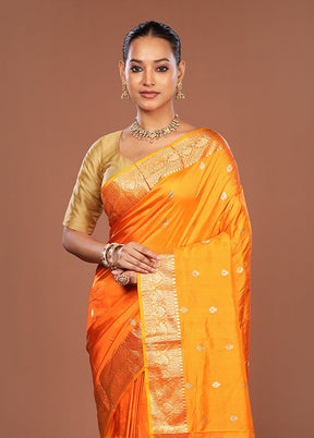 Orange Handloom Katan Pure Silk Saree With Blouse Piece