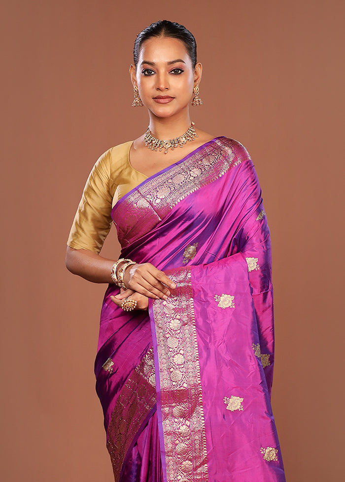 Purple Handloom Katan Pure Silk Saree With Blouse Piece