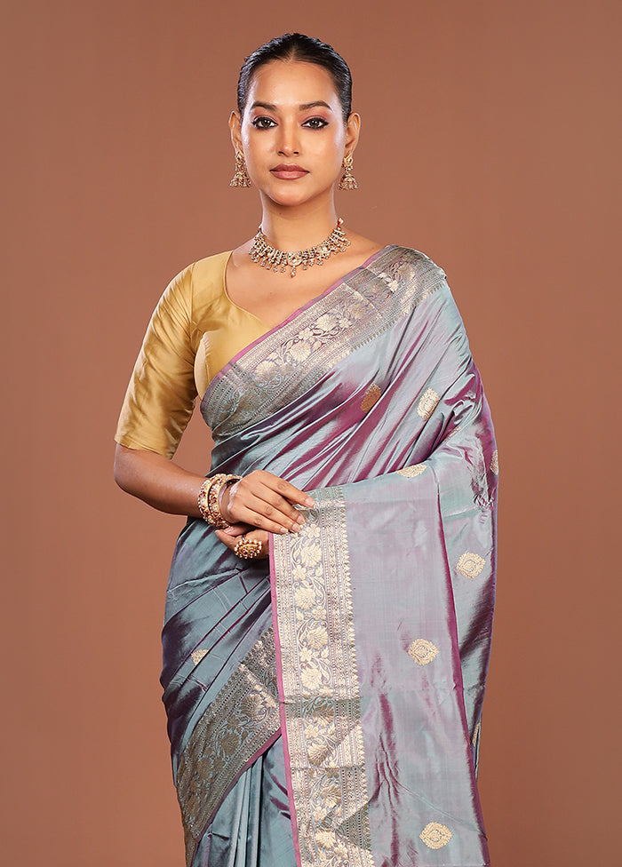 Grey Handloom Katan Pure Silk Saree With Blouse Piece