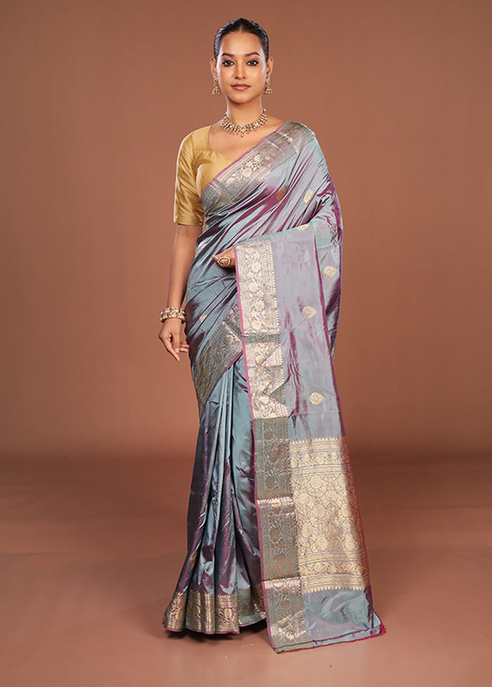 Grey Handloom Katan Pure Silk Saree With Blouse Piece