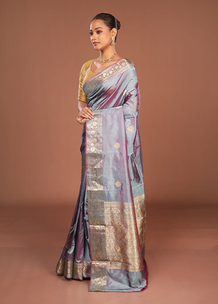 Grey Handloom Katan Pure Silk Saree With Blouse Piece
