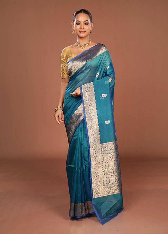 Blue Handloom Pure Organza Saree With Blouse Piece