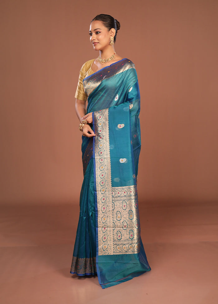 Blue Handloom Pure Organza Saree With Blouse Piece