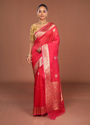 Pink Handloom Pure Organza Saree With Blouse Piece