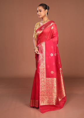 Pink Handloom Pure Organza Saree With Blouse Piece