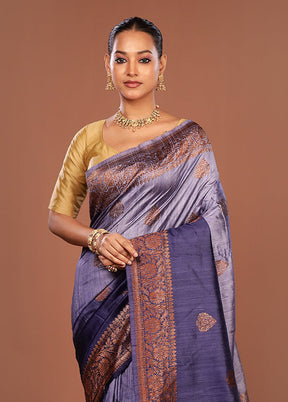 Blue Handloom Tussar Pure Silk Saree With Blouse Piece