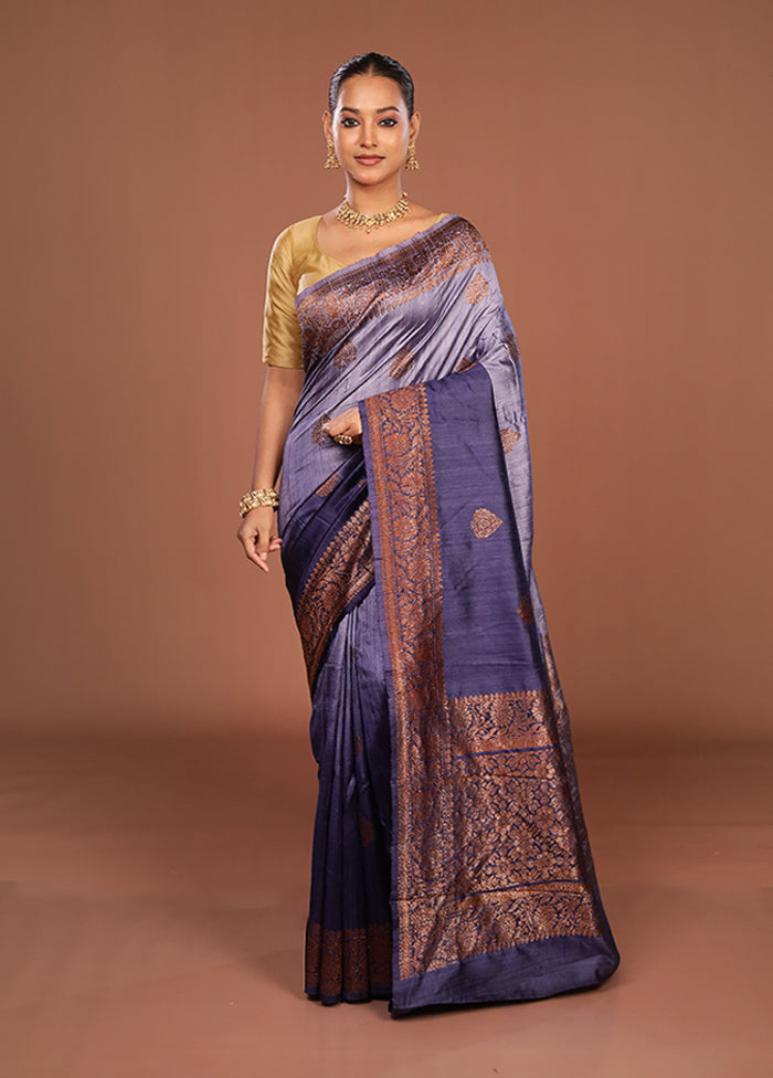 Blue Handloom Tussar Pure Silk Saree With Blouse Piece
