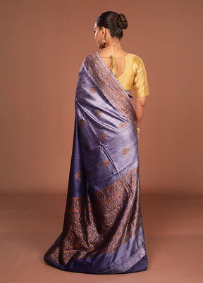 Blue Handloom Tussar Pure Silk Saree With Blouse Piece
