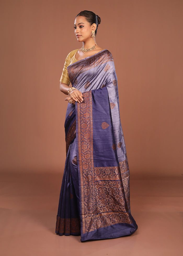 Blue Handloom Tussar Pure Silk Saree With Blouse Piece