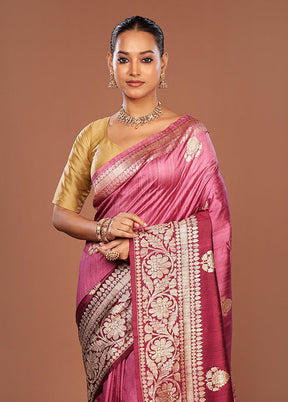 Purple Handloom Tussar Pure Silk Saree With Blouse Piece
