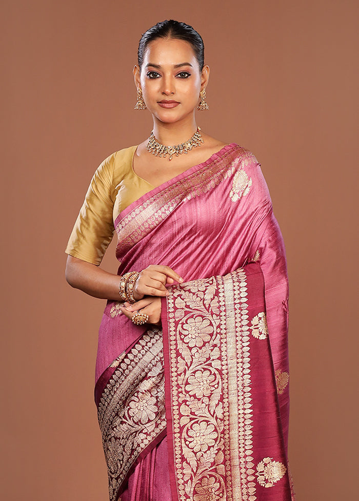 Purple Handloom Tussar Pure Silk Saree With Blouse Piece