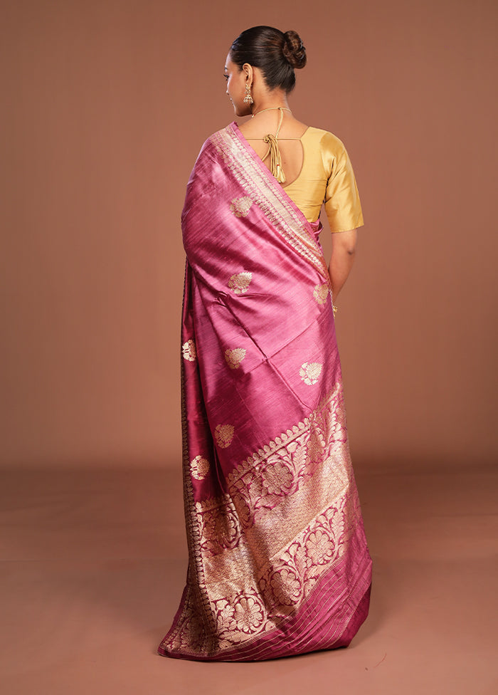 Purple Handloom Tussar Pure Silk Saree With Blouse Piece