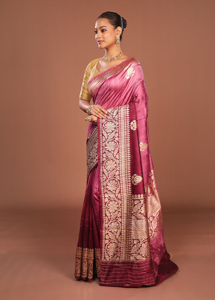 Purple Handloom Tussar Pure Silk Saree With Blouse Piece